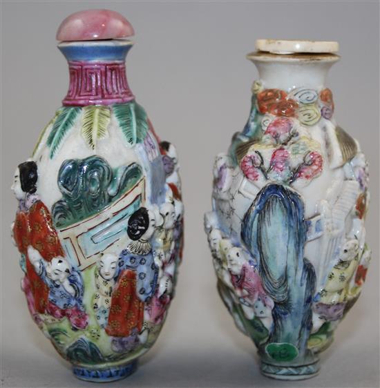 Two Chinese moulded famille rose snuff bottles, 1820-50, 7.5 and 7.8cm, Richards no.s 46 and 454